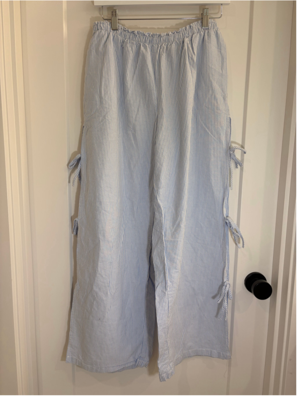 Cali 1850 Blue White Striped Cotton Wide Leg Beach Pants Side Bow Ties Large EUC
